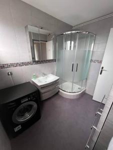 a bathroom with a shower and a toilet and a sink at Superbe appartement proche de la plage in Dunkerque