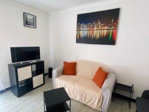 un salon avec un canapé et une télévision dans l'établissement Charmant F2 en centre-ville avec parking, balcon et équipements modernes - FR-1-703-162, à Amélie-les-Bains-Palalda