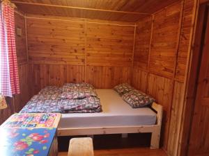 a room with a bed in a wooden cabin at Domek pod Brzózką in Ochotnica Górna