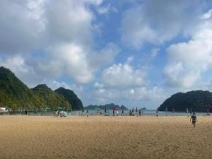 um grupo de pessoas em pé em uma praia em Rosa Quỳnh Anh em Ilha de Cát Bà