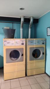 dwie pralki siedzące obok siebie w pokoju w obiekcie MOBILHEIM HERZ LAUWERSOOG - Chalet Robbengat w mieście Lauwersoog