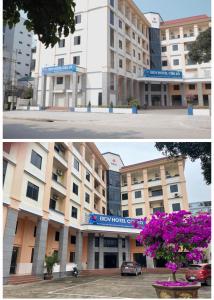 dos fotos de un hotel con flores delante en BIDV HOTEL CỬA LÒ, en Dong Quan