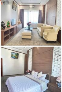 Habitación de hotel con cama y sala de estar. en BIDV HOTEL CỬA LÒ, en Dong Quan