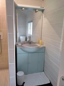 uma casa de banho com um lavatório e um espelho em Maison de ville avec jardin-Rêve à Rixheim! em Rixheim