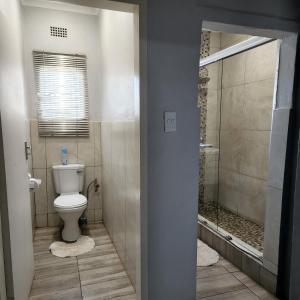 a bathroom with a toilet and a shower at Rue Guesthouse in Postmasburg +39 photos