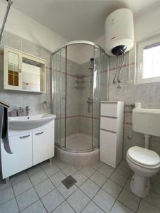 een badkamer met een douche, een toilet en een wastafel bij Privlaka's Sun&Sea in Privlaka