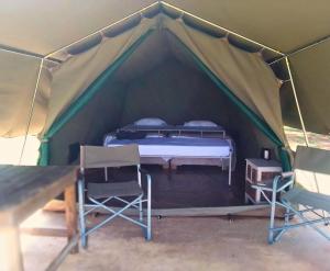 a tent with a bed and chairs in it at TangleWood Nature Estate in Potchefstroom