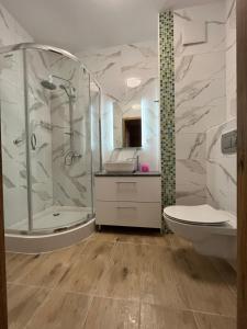 a bathroom with a shower and a toilet and a sink at Mona Sun Apart in Gdynia +28 photos