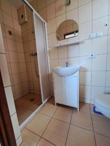 a bathroom with a sink and a shower and a toilet at Pokoje Goscinne TOMASZ in Międzywodzie