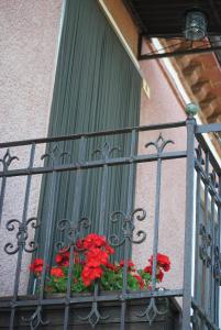 a balcony with red flowers in a window at B&B La Cà Cita in Cortazzone