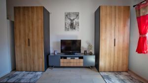 uma sala de estar com dois armários de madeira e uma televisão em Ferienwohnung Mayer em Schluchsee
