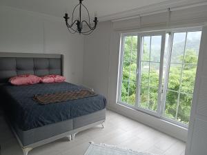 1 dormitorio con cama y ventana grande en wonderful villa en Dolaylı