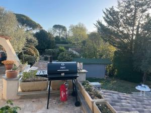 a grill sitting on a table in a garden at Belle villa de charme avec piscine in Tourrettes