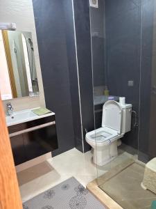 een badkamer met een toilet, een wastafel en een spiegel bij Les perles de mimosa Mohammédia in Mohammedia