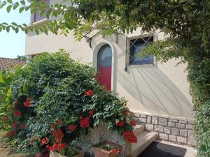 a house with a red door and some flowers at La maison de l'Usine in Tartas