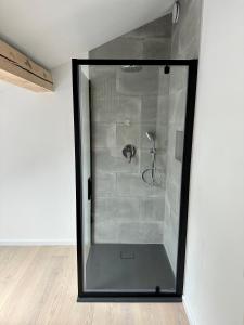 una ducha con puerta de cristal en una habitación en Lilulodge en Stavelot