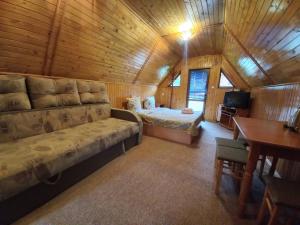 ein Wohnzimmer mit einem Sofa und einem Bett in einer Hütte in der Unterkunft У Тараса і Лесі in Jaremtsche