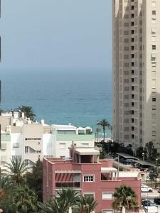 Blick auf eine Stadt mit Gebäuden und das Meer in der Unterkunft Рядом с пляжем, тихое место in Alicante