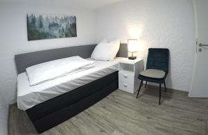 a bedroom with a bed and a chair and a lamp at Kleine Wohnung mit separatem Eingang in Bisingen