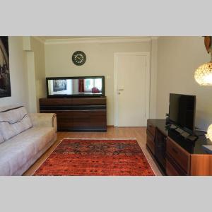 ein Wohnzimmer mit einem Sofa und einem Flachbild-TV in der Unterkunft Sweet Flat For Sweet Famılies in Istanbul