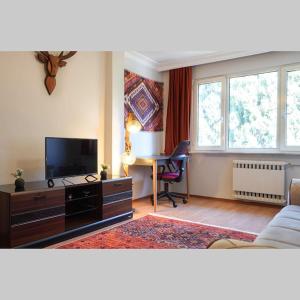 ein Wohnzimmer mit einem Sofa, einem TV und einem Tisch in der Unterkunft Sweet Flat For Sweet Famılies in Istanbul