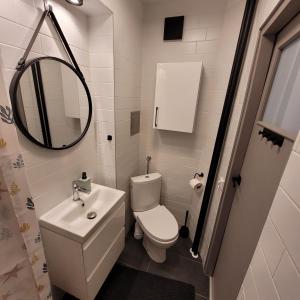 a bathroom with a toilet and a sink and a mirror at Klimatyczna kawalerka w centrum in Gdynia