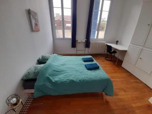 een slaapkamer met een bed met blauwe kussens erop bij Bienvenue in Auxerre