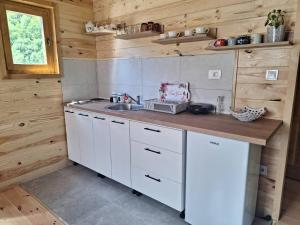 a kitchen with white cabinets and a sink in a cabin at Riverland Cottage 1 in Kolašin +6 photos