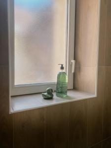 una bottiglia di sapone verde seduta sul davanzale di una finestra di Au nom de la rose, beau 3 pièces en centre-ville a Provins