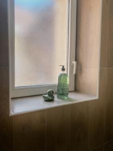 a green soap bottle sitting on a window sill at Au nom de la rose, beau 3 pièces en centre-ville in Provins