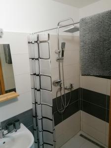 y baño con ducha y lavamanos. en Križkov dom, en Kremnica