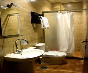 e bagno con lavandino, servizi igienici e doccia. di Cairo Dream Boutique Hotel a Il Cairo