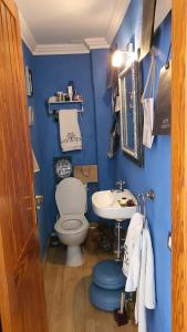 uma casa de banho azul com um WC e um lavatório em Suites Beach House em Playa de las Americas