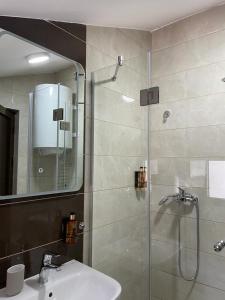 a bathroom with a shower and a sink and a mirror at Morpheus apartmani in Sremska Mitrovica