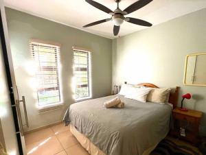 um quarto com uma cama e uma ventoinha de tecto em The Bridge No 37 em St. Lucia