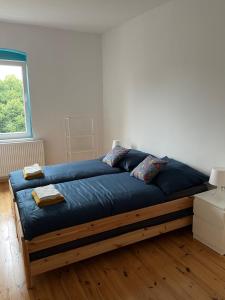 ein großes blaues Bett in einem Zimmer mit Fenster in der Unterkunft Central Plaza in Kattowitz