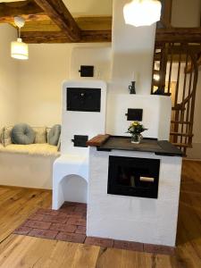 - un salon avec une cheminée et un canapé dans l'établissement KRASTHAUS, à Oberhaag
