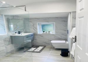 een witte badkamer met een wastafel en een toilet bij Luxury New Home in Kent