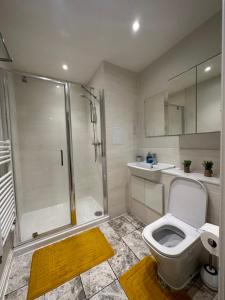 uma casa de banho com um chuveiro, um WC e um lavatório. em Uxbridge Apartment em Uxbridge