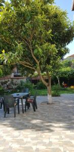 a picnic table and benches under a tree at Vila Teodora in Star Dojran