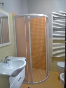 ein Bad mit einer Dusche und einem Waschbecken in der Unterkunft Da antonella in Cerretto Langhe
