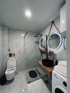 een badkamer met een toilet, een wastafel en een spiegel bij Apartment Talija in Trebinje