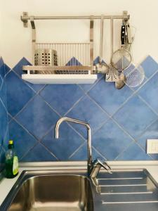 マルチャーナ・マリーナにあるOrtensia al Cotoneの青いタイル張りの壁のキッチン(シンク付)