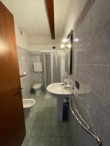 uma casa de banho com um lavatório e um WC em OASI DEL GARDA 6 em Monzambano