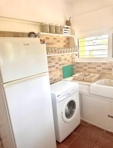 a kitchen with a white refrigerator and a washing machine at Verde e Mare Villa & Apartment in Tsilivi