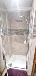 een douche met een glazen deur in de badkamer bij Cosy Hideaway Lodge in Glan Gwna in Caeathro