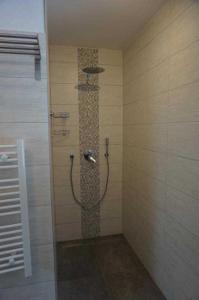 a shower in a bathroom with a glass door at Ferienhaus Doescher in Krakow am See