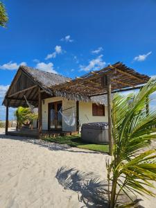 una casa en la playa con una palmera en São Francisco Ecopousada en Guriú