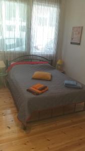 een slaapkamer met een bed met 2 kussens erop bij Penelope's and John's House in Kavala