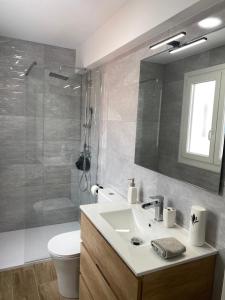a bathroom with a sink and a shower and a toilet at ETXIE LA CASA TARASKA in Bermeo +20 photos
